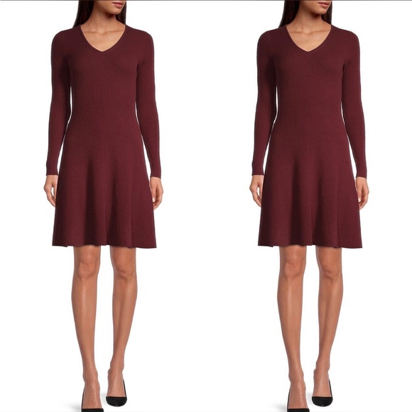MISOOK MAROON CASHMERE RIBBED KNIT FLARE LONG SLEEVE DRESS SIZE 14.